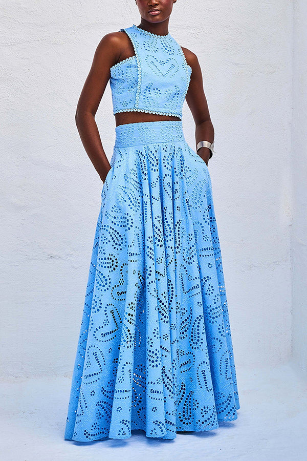 Monica Secrets | Embroidered Top & High-Waist Maxi Skirt Set