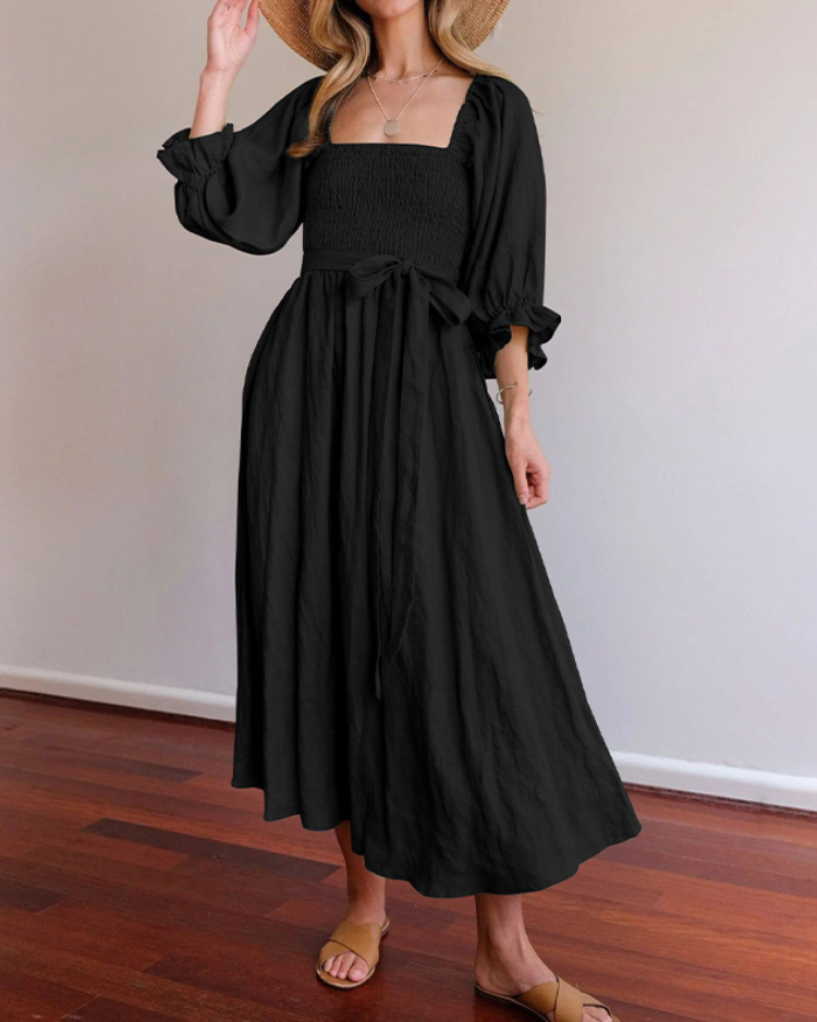 Monica Secrets | Elegant Reversible Puff Sleeve Maxi Dress