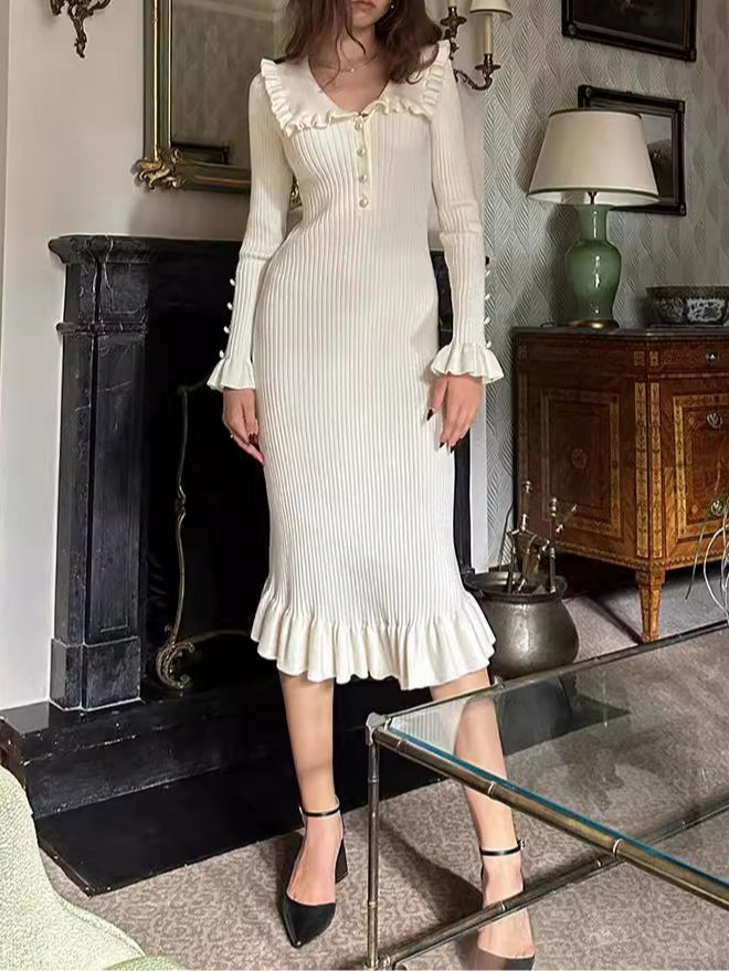 Monica Secrets | Elegant Ruffled Knit Dress