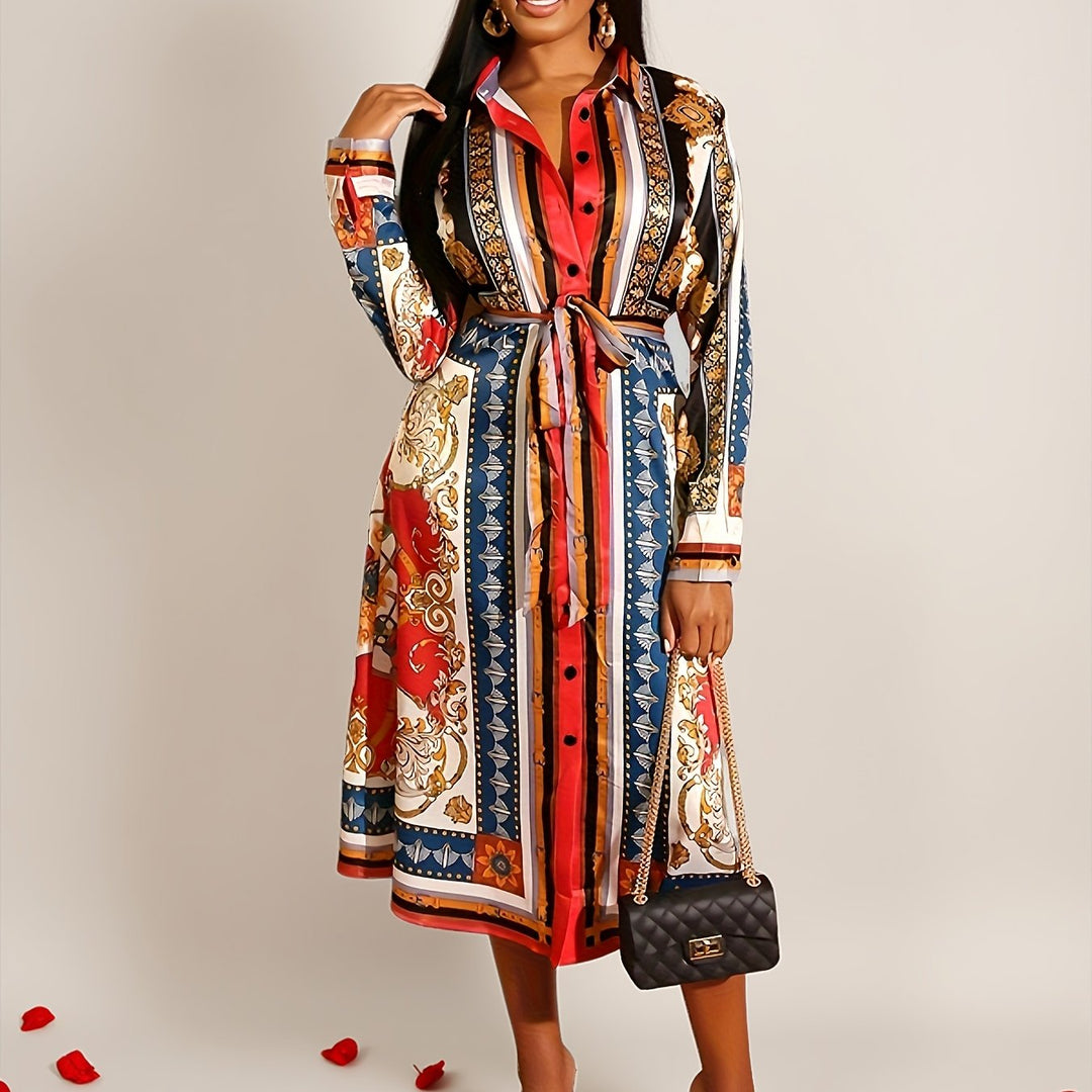 Monica Secrets | Mid-Calf Long Sleeve Shirt Dress