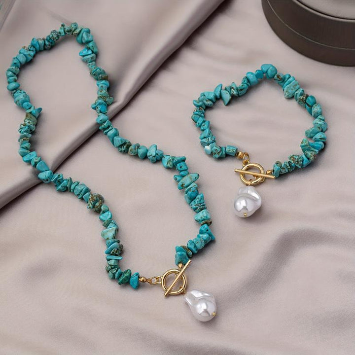 Boho Pearl Pendant Toggle Clasp Necklace & Bracelet Set