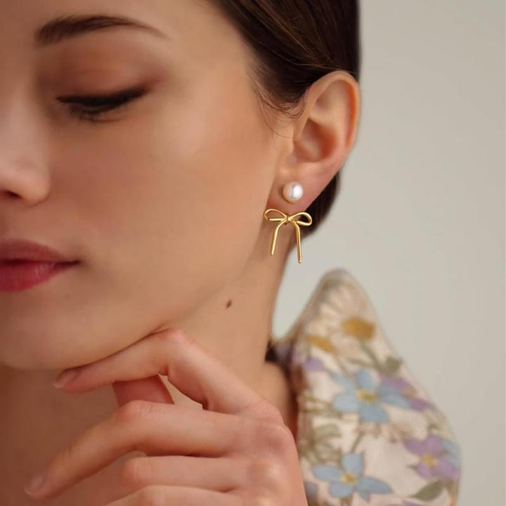 14k Pearl Accented Dangle Bow Earrings