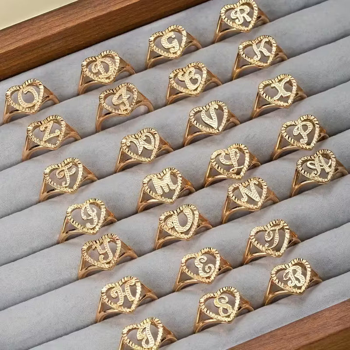 Elegant Cursive Letter Initial Heart Ring