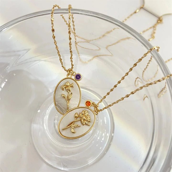 14k Dainty Birth Month Stone & Flower Charm Necklace