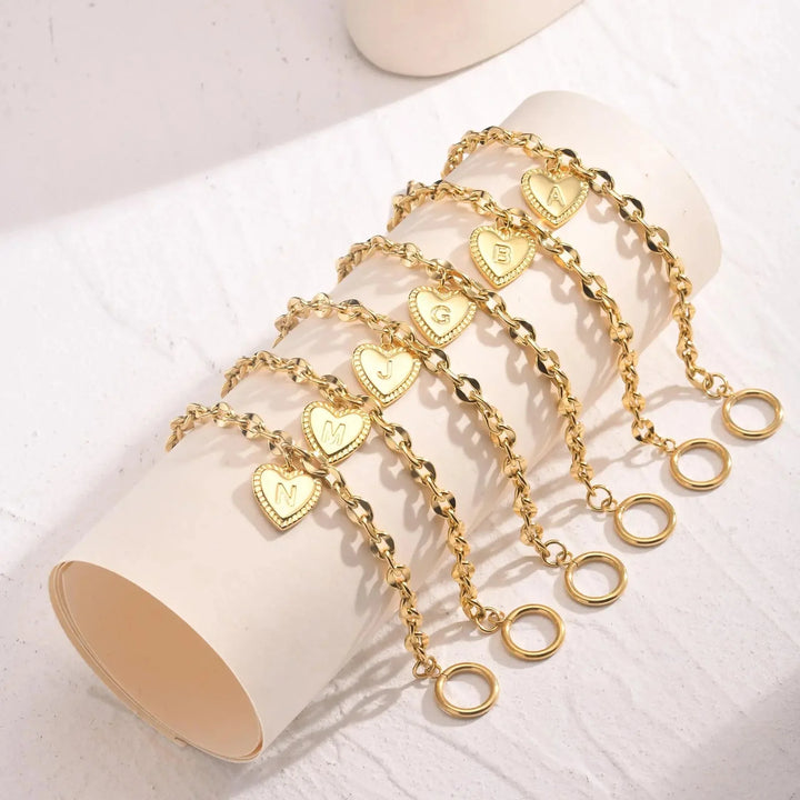 14k Dainty Heart Engraved Letter Initial Bracelet