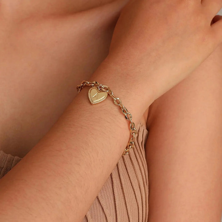 14k Dainty Heart Engraved Letter Initial Bracelet
