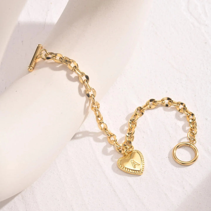 14k Dainty Heart Engraved Letter Initial Bracelet