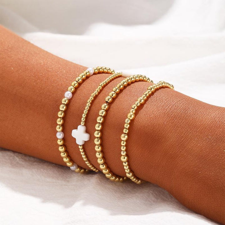 14k 4pc Beaded Cross Bracelet Stack