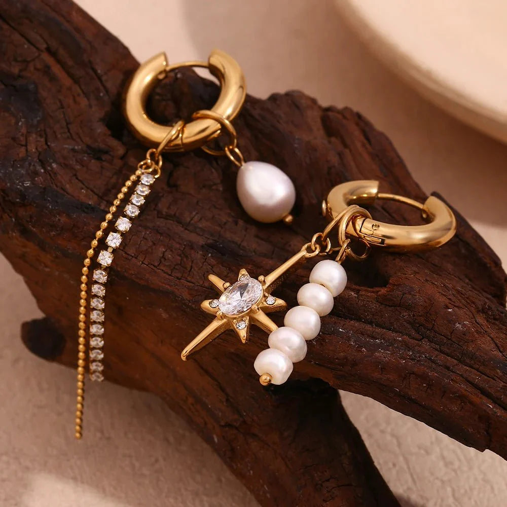 18k Asymmetrical Pearl Diamond Hoop Earrings