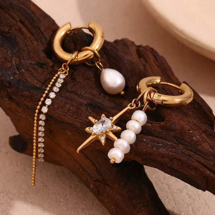 18k Asymmetrical Pearl Diamond Hoop Earrings