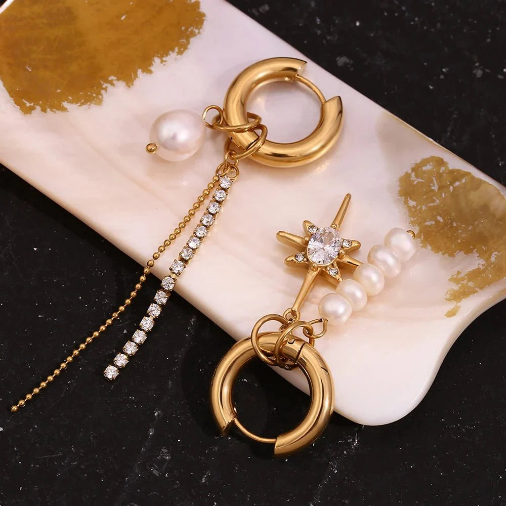 18k Asymmetrical Pearl Diamond Hoop Earrings