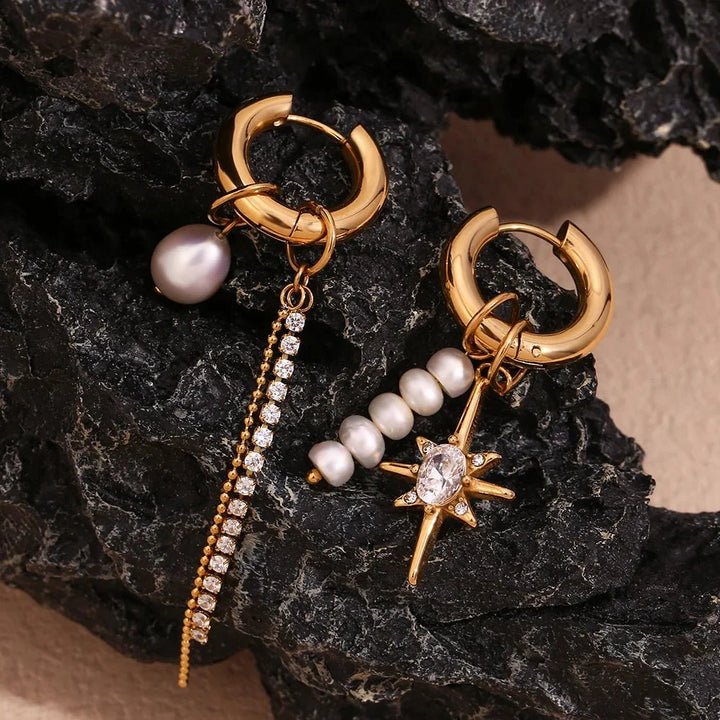 18k Asymmetrical Pearl Diamond Hoop Earrings