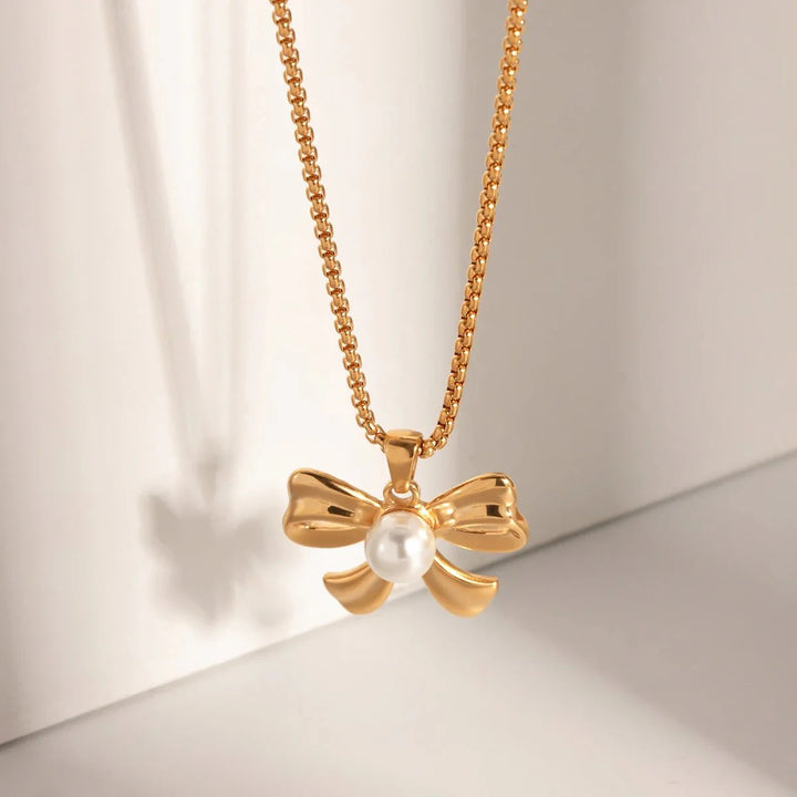 18k Dainty Bow Pearl Center Necklace, Earring, Ring Set