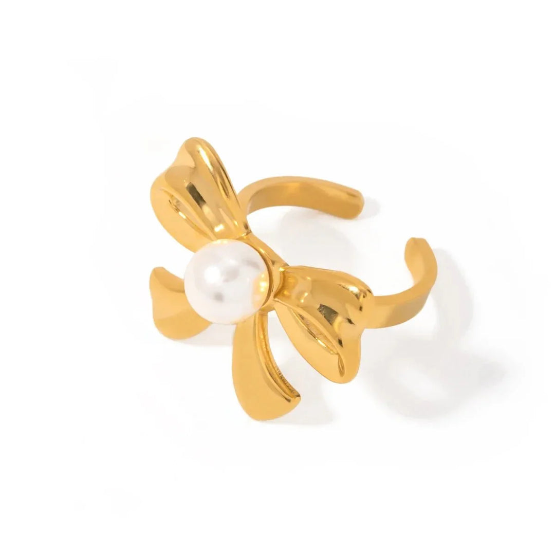 18k Dainty Bow Pearl Center Necklace, Earring, Ring Set