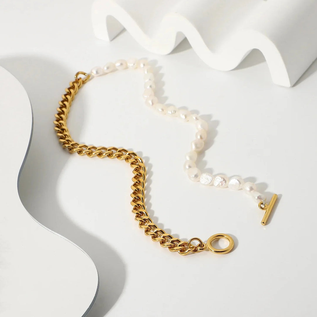 18k Gold Classic Modern Cuban Pearl Choker Necklace