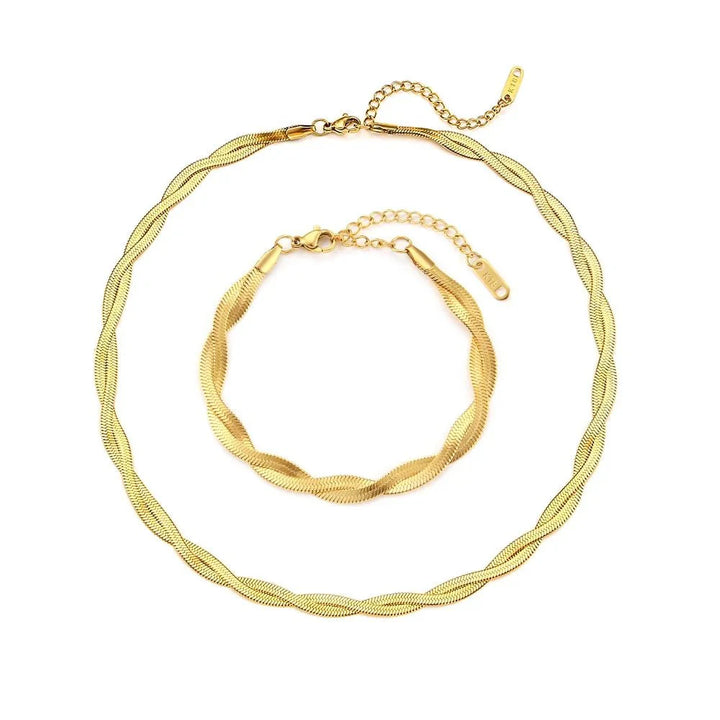 18k Interwoven Herringbone Chain Necklace and Bracelet Set