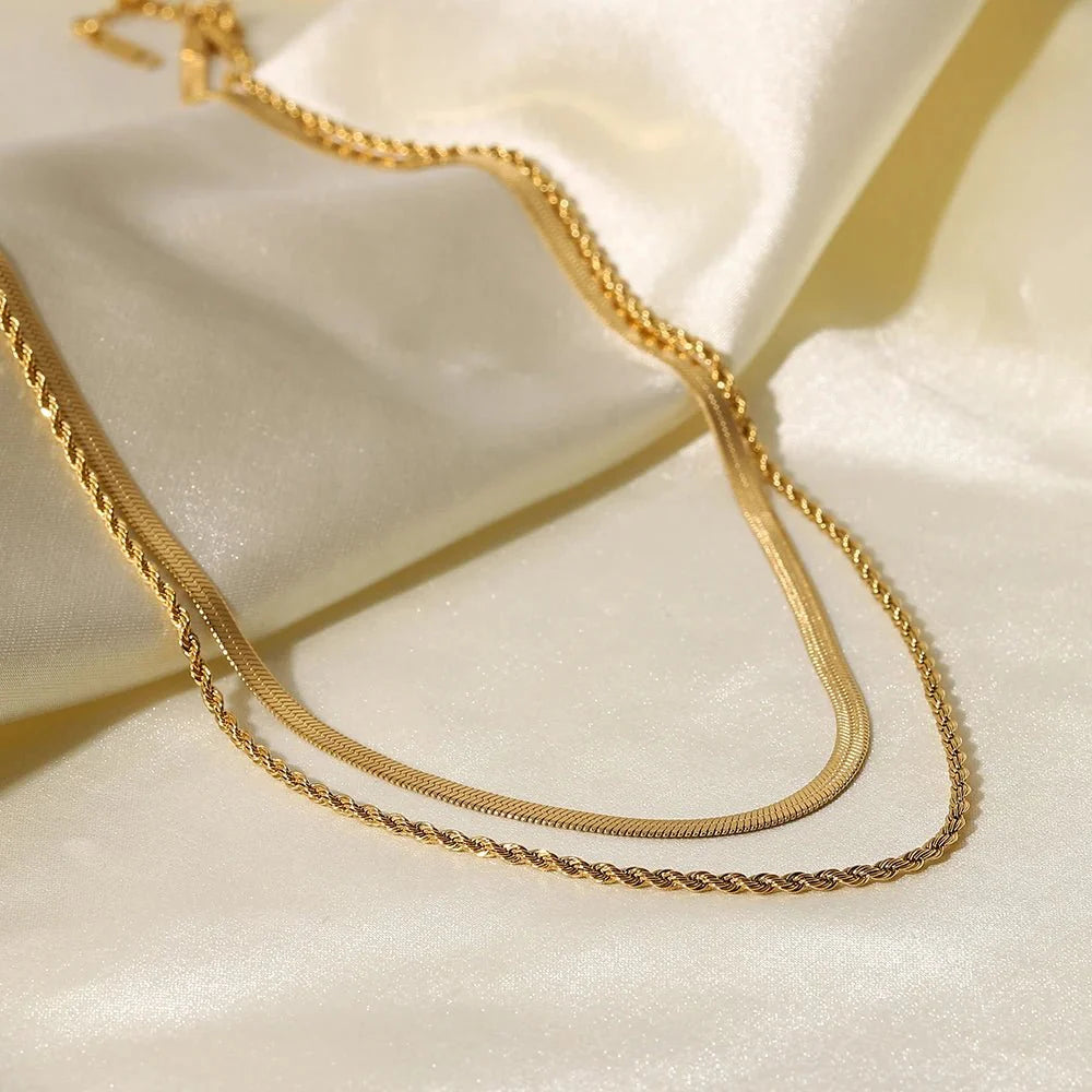 18k Layered Herringbone & Rope Chain Necklace