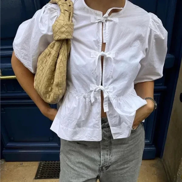 Monica Secrets | Blouse - Loose Fit - Puff Sleeve - Peplum Style - Front Tie Closure