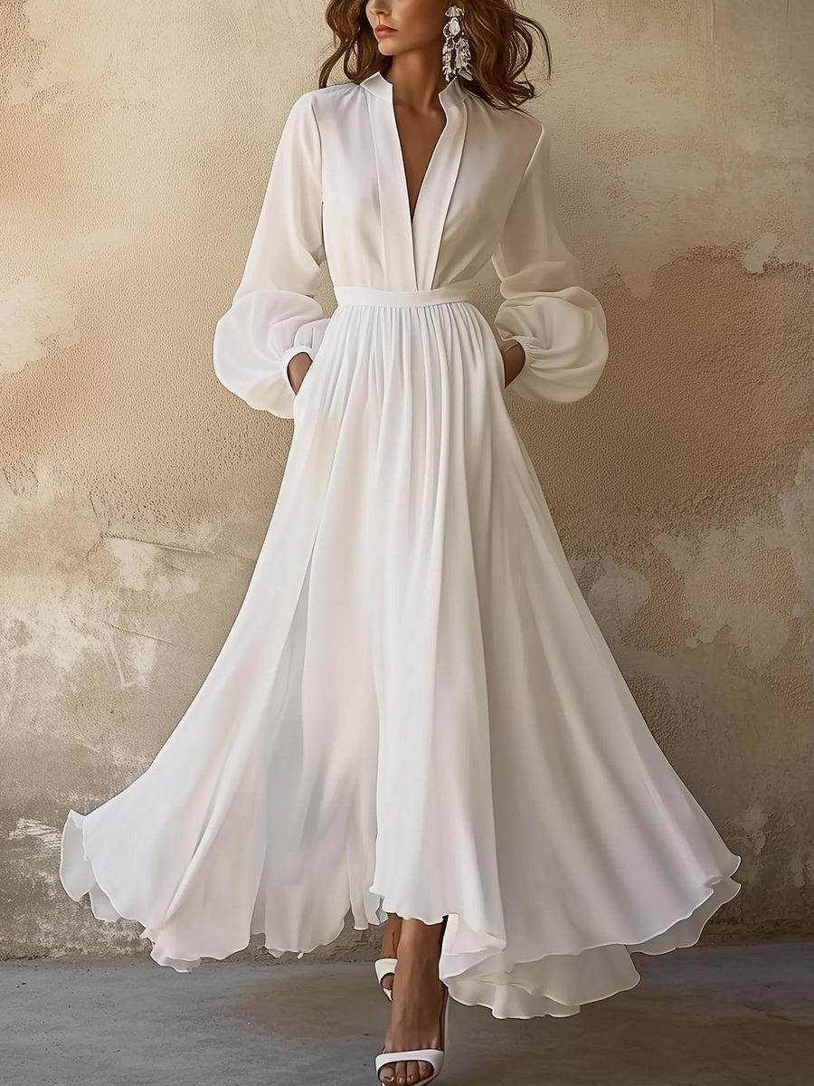 Monica Secrets | Vintage-Inspired White V-Neck Maxi Dress