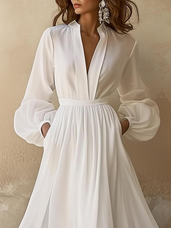 Monica Secrets | Vintage-Inspired White V-Neck Maxi Dress