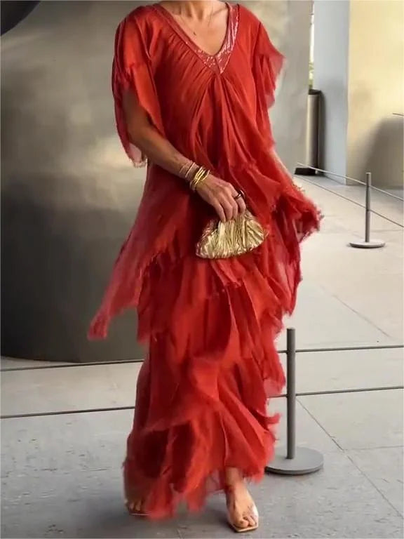 Monica Secrets | Ruffled Short Sleeves V-Neck Maxi Dress