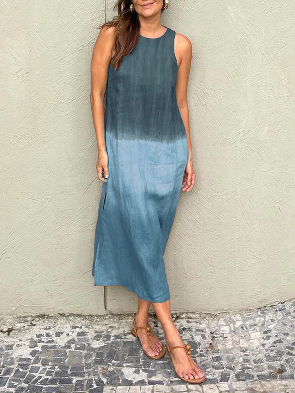 Monica Secrets | Casual Cotton Linen Side Split Long Dress