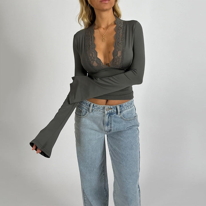 Monica Secrets | Slim Fit V-Neck Lace Top with Long Bell Sleeves