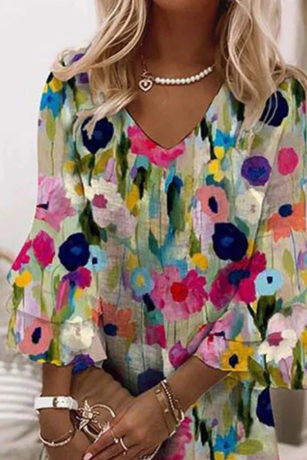 Monica Secrets | Floral Print V-Neck Mini Dress