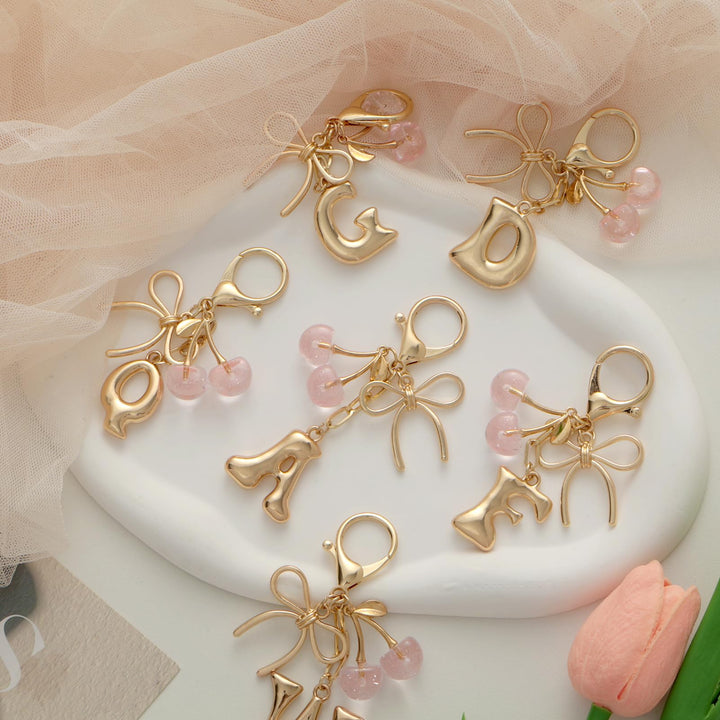 Bubble Initial With Bow & Cherry Charms Keychain