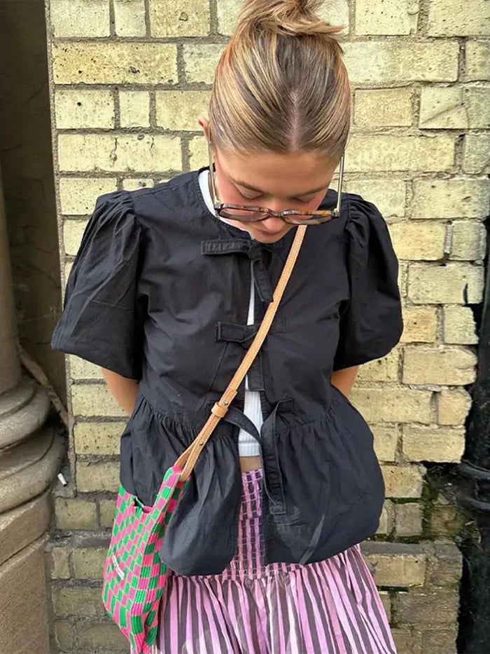 Monica Secrets | Blouse - Loose Fit - Puff Sleeve - Peplum Style - Front Tie Closure