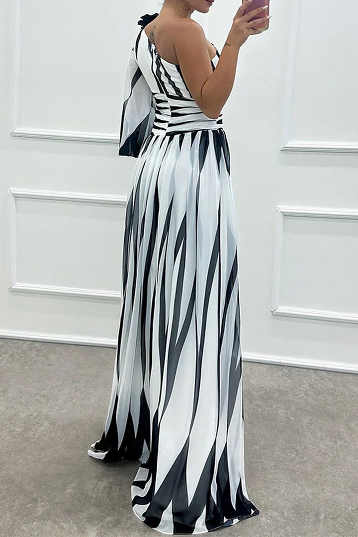 Monica Secrets | Elegant Striped One-Shoulder Maxi Dress