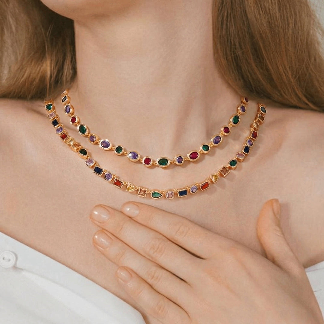 18k Colorful Shaped Gem Tennis Necklace