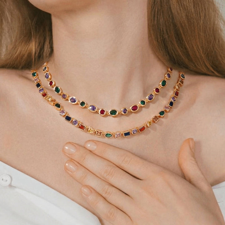 18k Colorful Shaped Gem Tennis Necklace