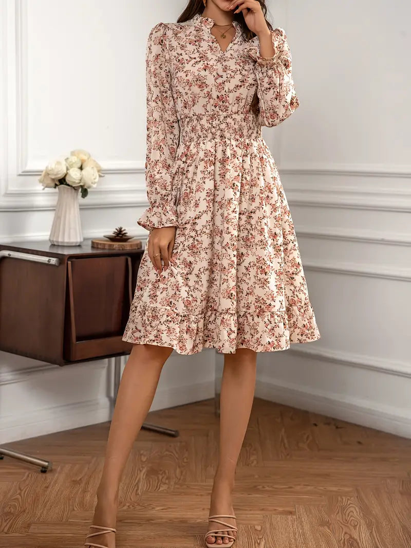 Monica Secrets | Elegant Floral Dress With Shirred Waist