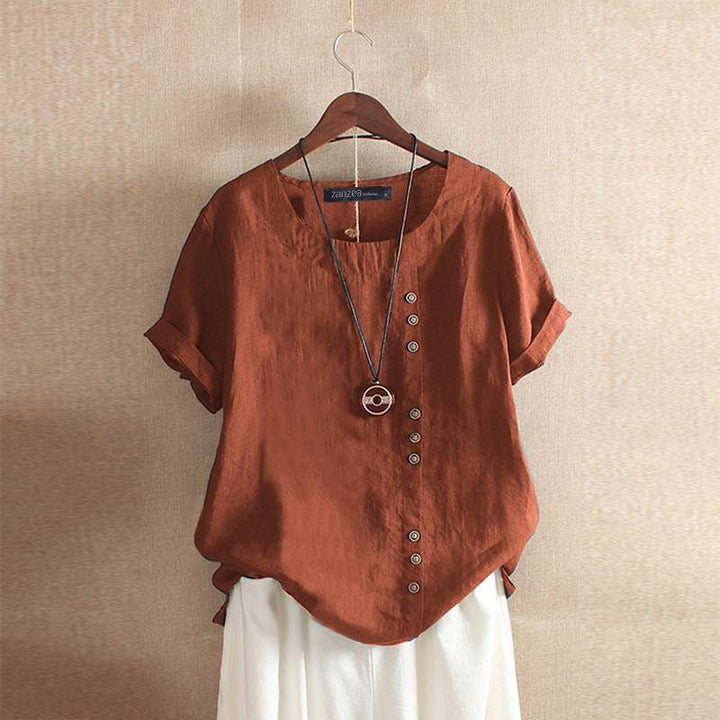 Monica Secrets | Women's Linen Blouse - Short Sleeve Button Top