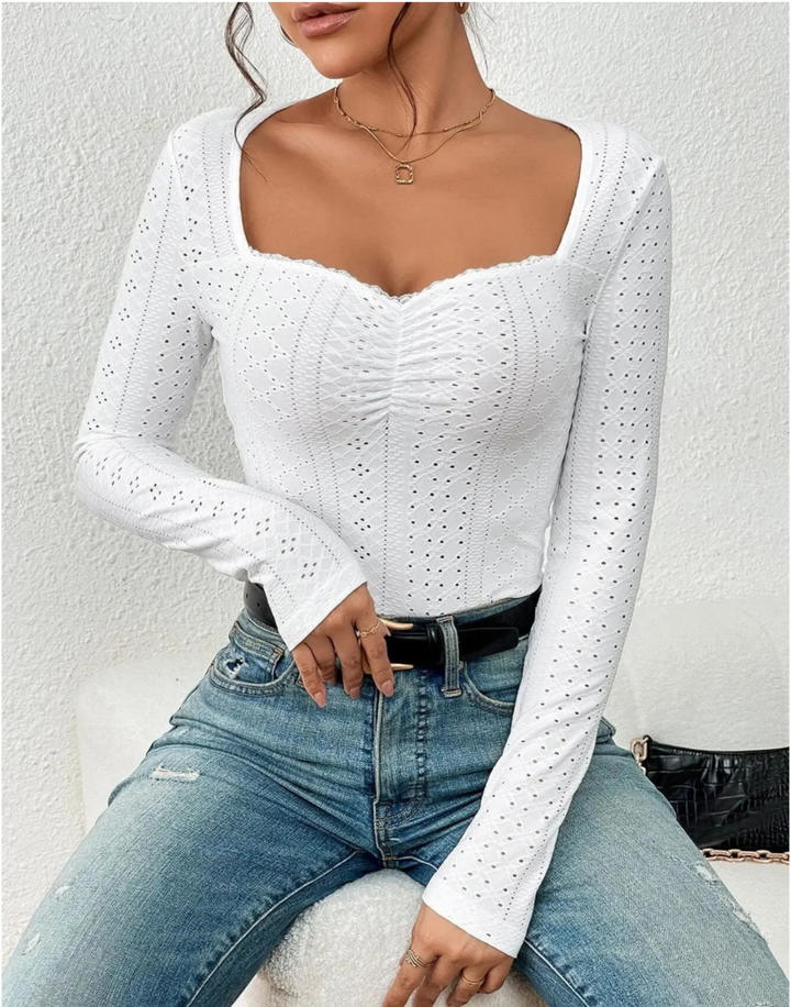 Monica Secrets | Women's Top – Lightweight Cotton – Openwork Design – Square Neck – Long Sleeve