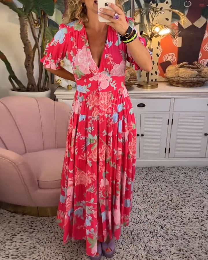 Monica Secrets | V-Neck Short Sleeve Floral Maxi Dress