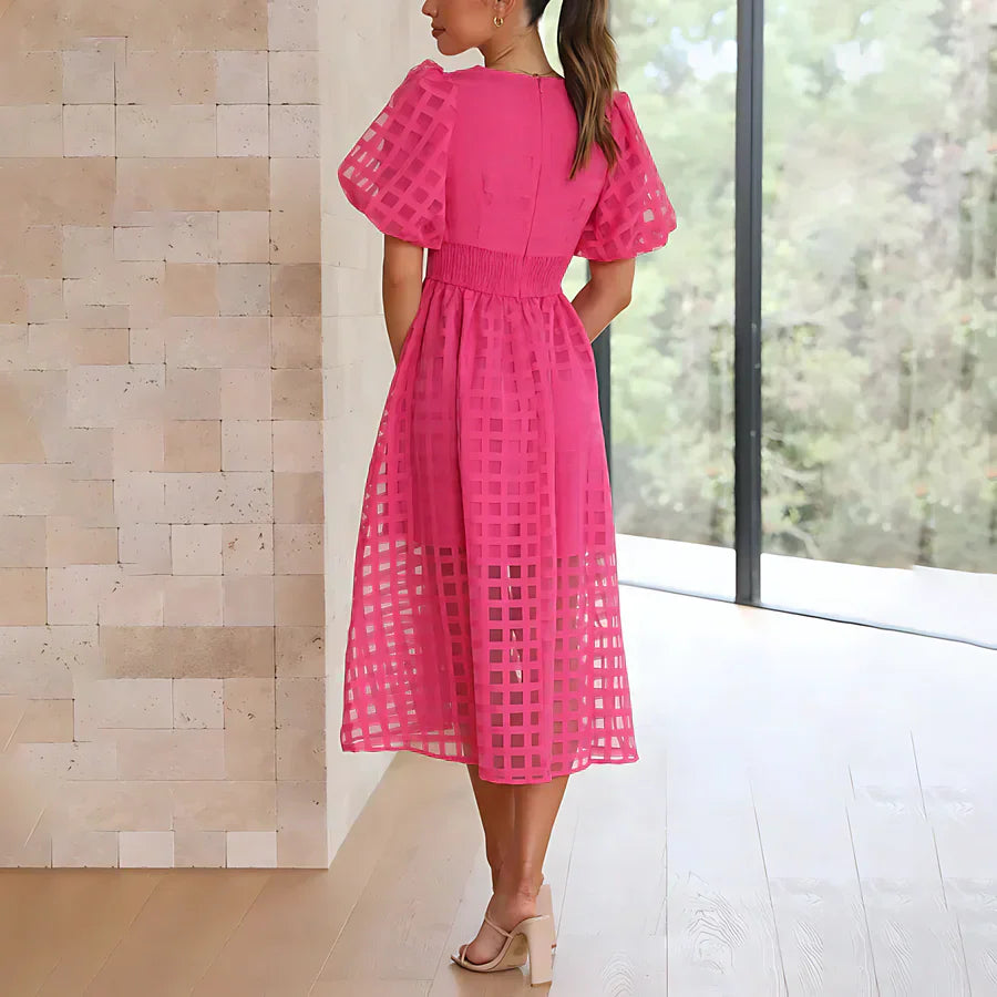 Monica Secrets | Classic Patterned Puff Sleeve Midi Dress