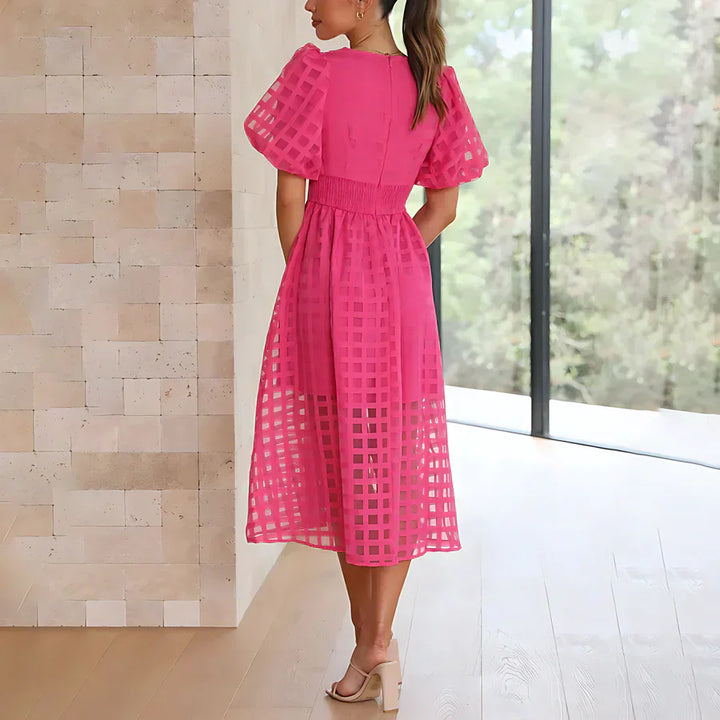 Monica Secrets | Classic Patterned Puff Sleeve Midi Dress