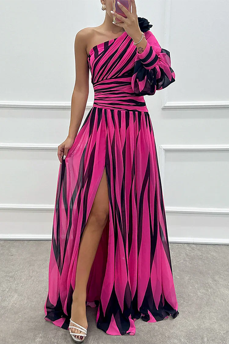 Monica Secrets | Elegant Striped One-Shoulder Maxi Dress