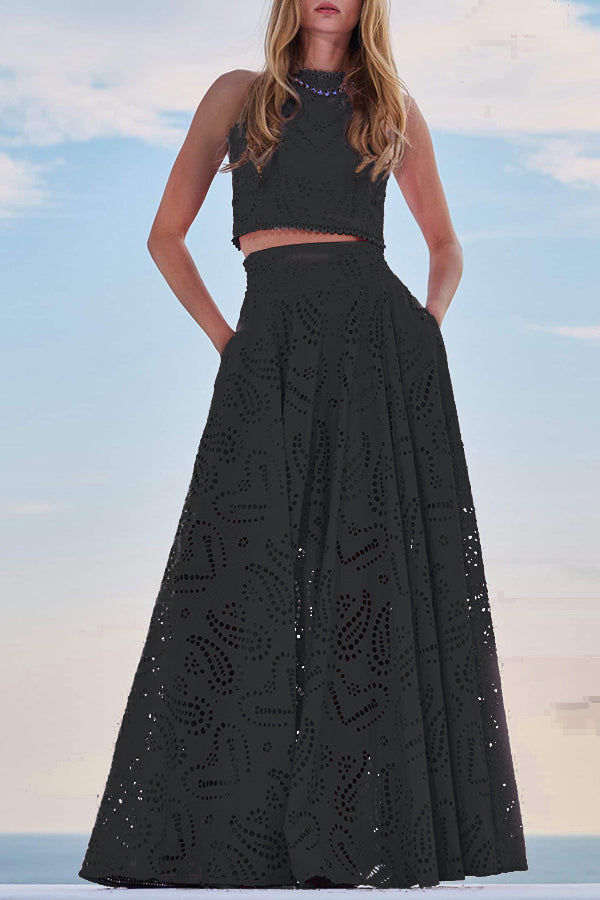 Monica Secrets | Embroidered Top & High-Waist Maxi Skirt Set