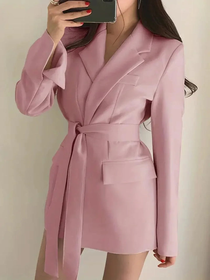 Monica Secrets | Women's Blazer Dress - Tailored Fit - Belted Waist - Single Button - Flap Pockets