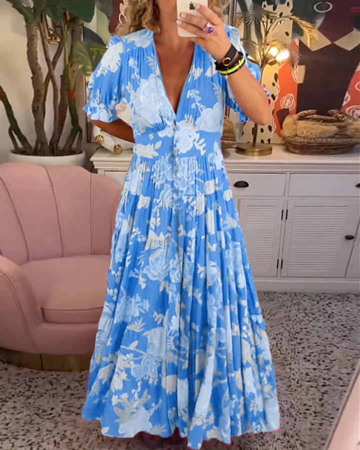Monica Secrets | V-Neck Short Sleeve Floral Maxi Dress