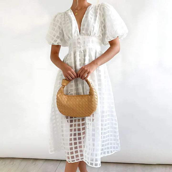 Monica Secrets | Classic Patterned Puff Sleeve Midi Dress