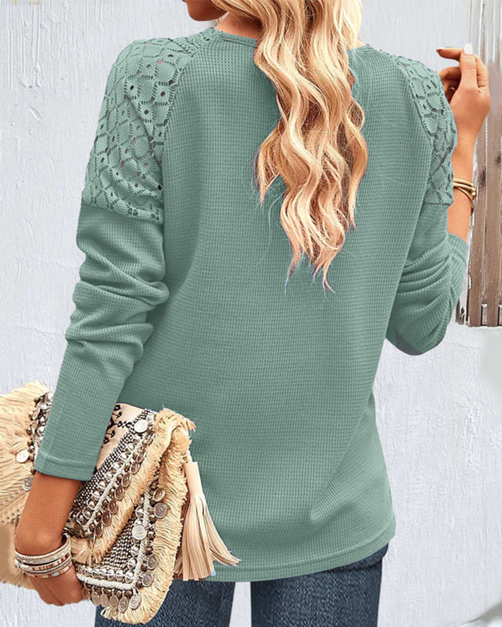 Monica Secrets | Women's Blouse – Lace V-Neck – Long Sleeves – Textured Fabric