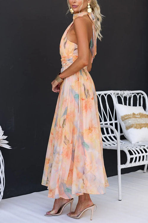 Monica Secrets | Elegant Halter Neck Watercolor Print Maxi Dress
