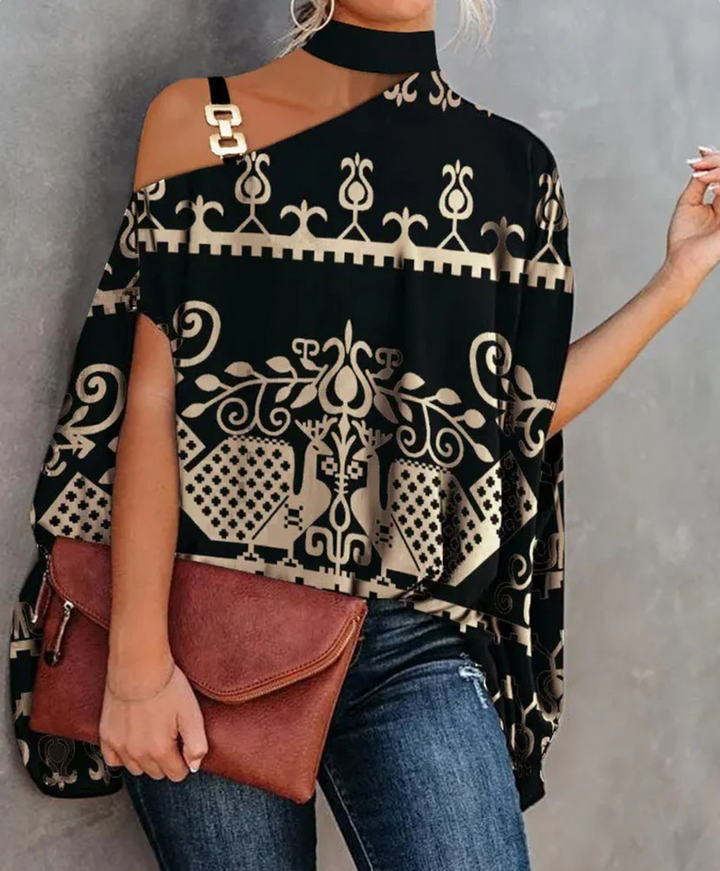 Monica Secrets | Off-Shoulder Top – Relaxed Fit – Asymmetrical Neckline – Choker Detail – Breathable