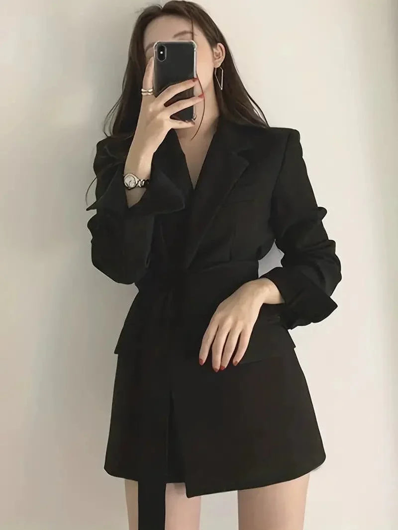 Monica Secrets | Women's Blazer Dress - Tailored Fit - Belted Waist - Single Button - Flap Pockets