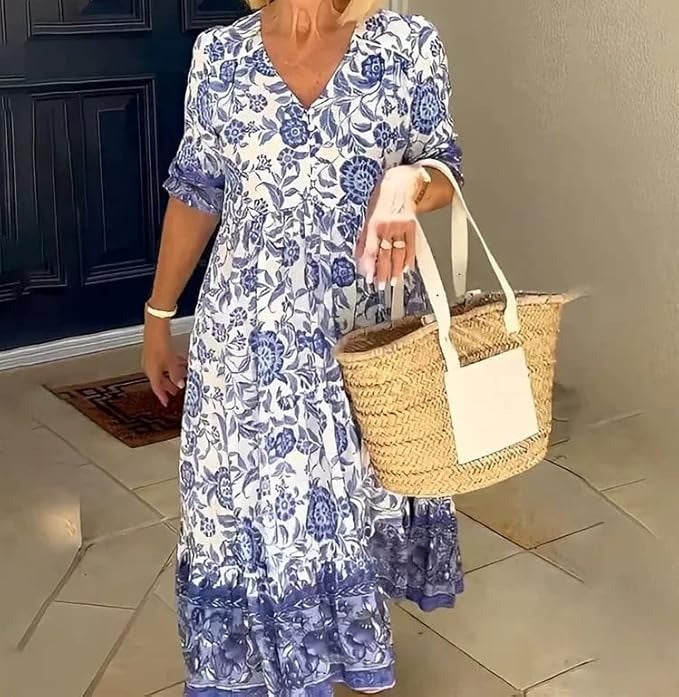 Monica Secrets | Elegant V-Neck Boho Floral Long Dress