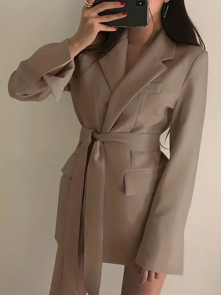 Monica Secrets | Women's Blazer Dress - Tailored Fit - Belted Waist - Single Button - Flap Pockets